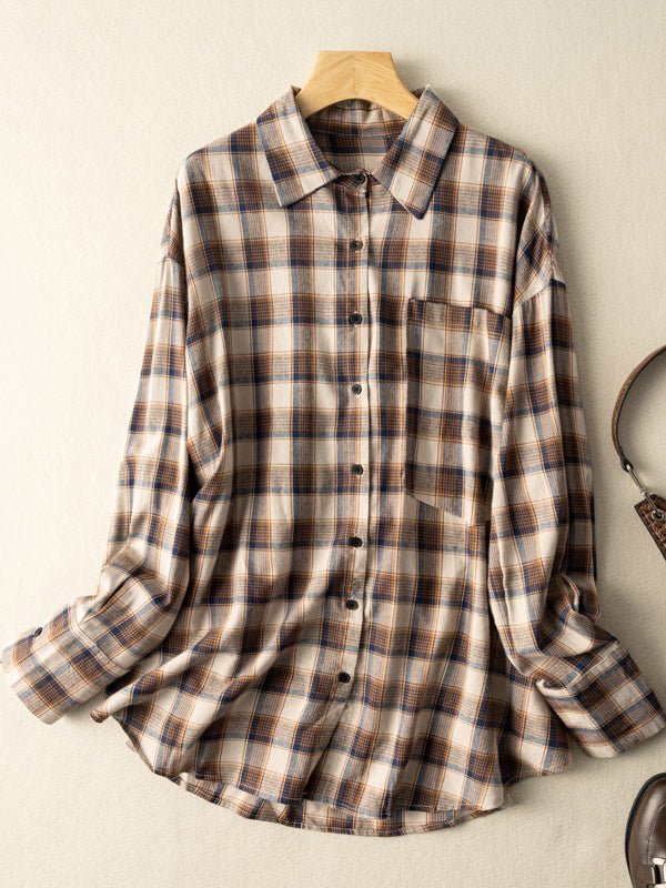 100% Natural Fabric Vintage Loose Mid Length Plaid Shirt