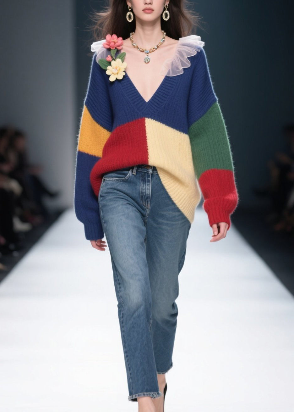Plus Size Colorblock V Neck Floral Knit Sweaters Winter