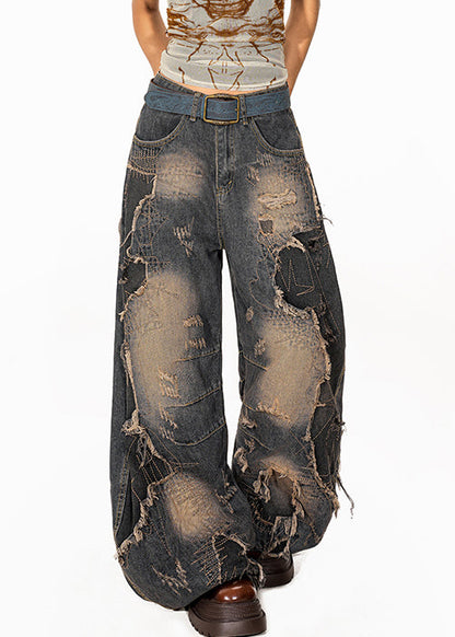 Vintage Denim Blue Pockets High Waist Ripped Jeans Fall