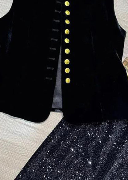 Vintage Black O-Neck Button Silk Velour Waistcoat Sleeveless