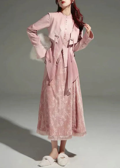 Cute Pink Tulle Patchwork Shirts And Maxi Skirts Two Piece Set Long Sleeve