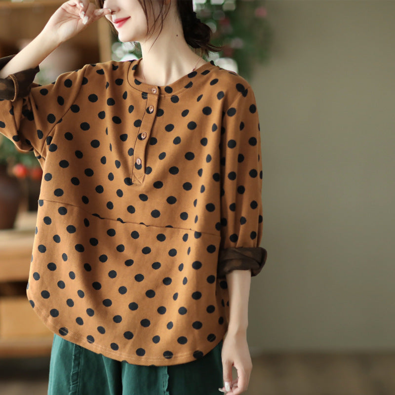 Vintage Polka-Dot Print Top-Paneled Cotton T-Shirt