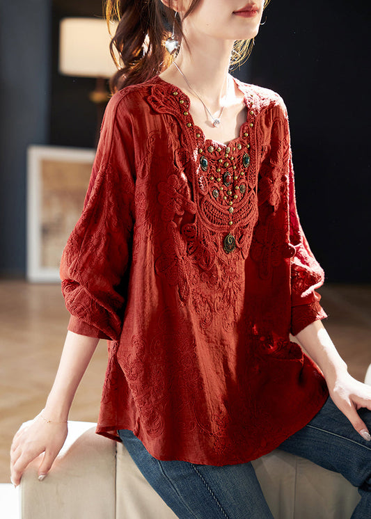 2025 New Red Square Collar Embroidered Cotton Tops Spring