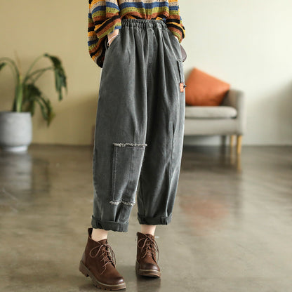 Women Retro Patchwork Embroidery Cotton Harem Jeans