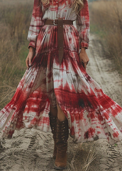 Women V Neck Tie Dye Cotton Pastoral Style Long Dress