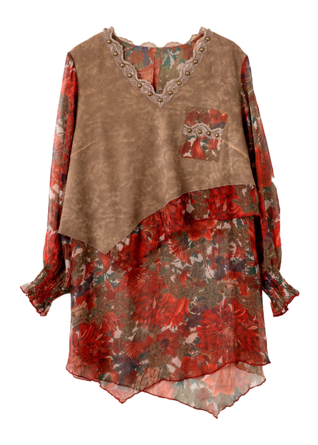 Fitted Red V Neck Print False Two Pieces Chiffon Shirts Spring