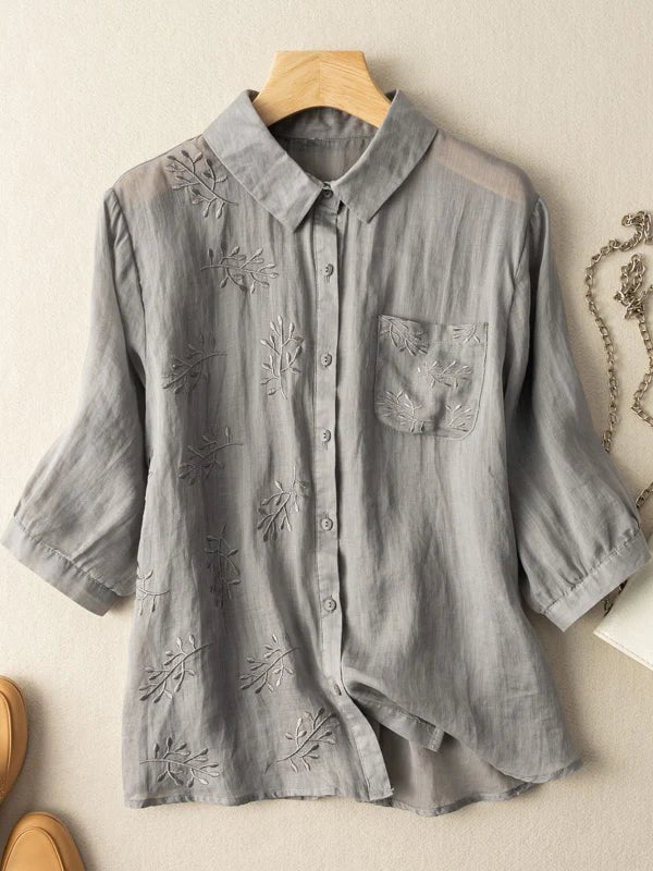 Embroidered 3/4 Sleeve Casual Linen Shirt Top With A Patch Pocket