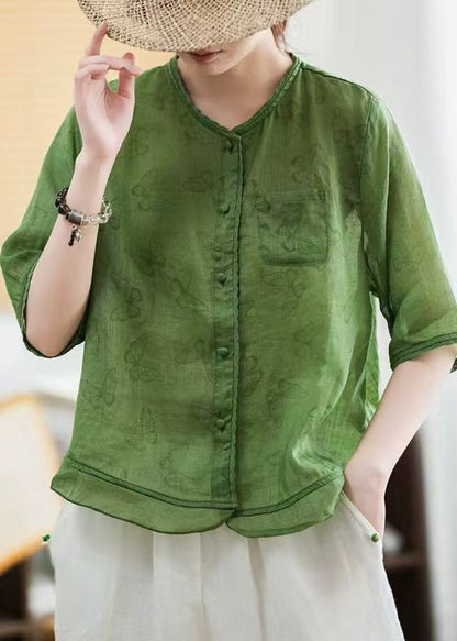 Elegant Green Butterfly Print Patchwork Linen Blouse Tops Half Sleeve
