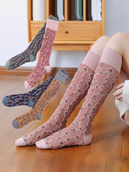 4 Pairs Cotton Vintage Floral Women Long Socks