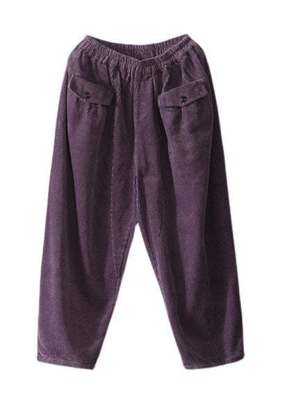 Plus Size Purple elastic waist Pockets Corduroy Pants