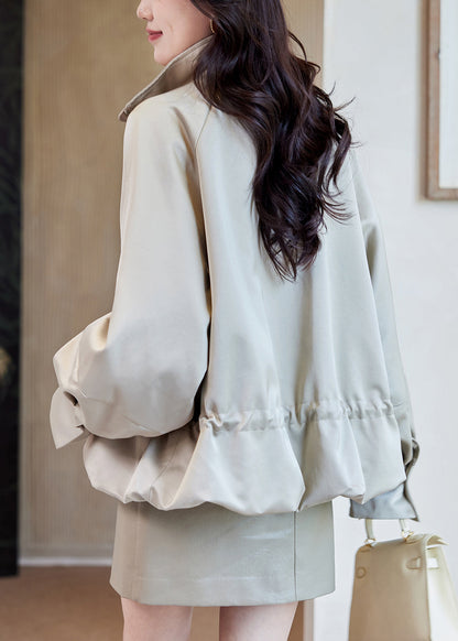 Loose Light Khaki Stand Collar Zippered Drawstring Cotton Coats Fall