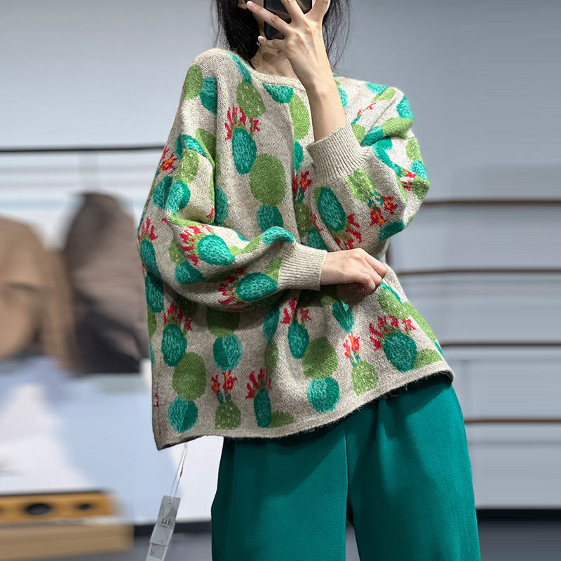 Jacquard Knitted Age Reduction Crew Neck Sweater