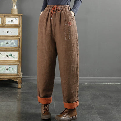 Women Retro Embroidery Linen Quilted Harem Pants