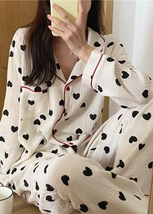 Boho White Oversized Love Print Cotton Womens Pajama Sets Fall