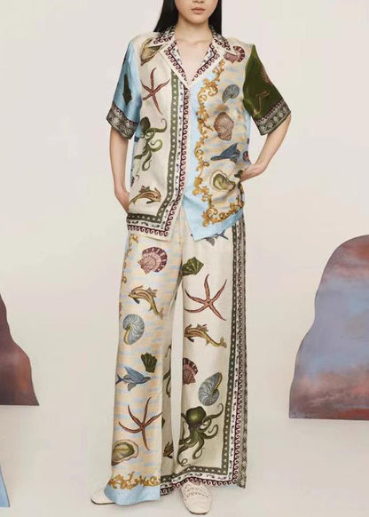 Plus Size Print Shirts And Wide Leg Pants Two Piece Set Summer