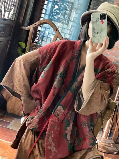 Women Floral Cotton Vintage Loose Waist Coat