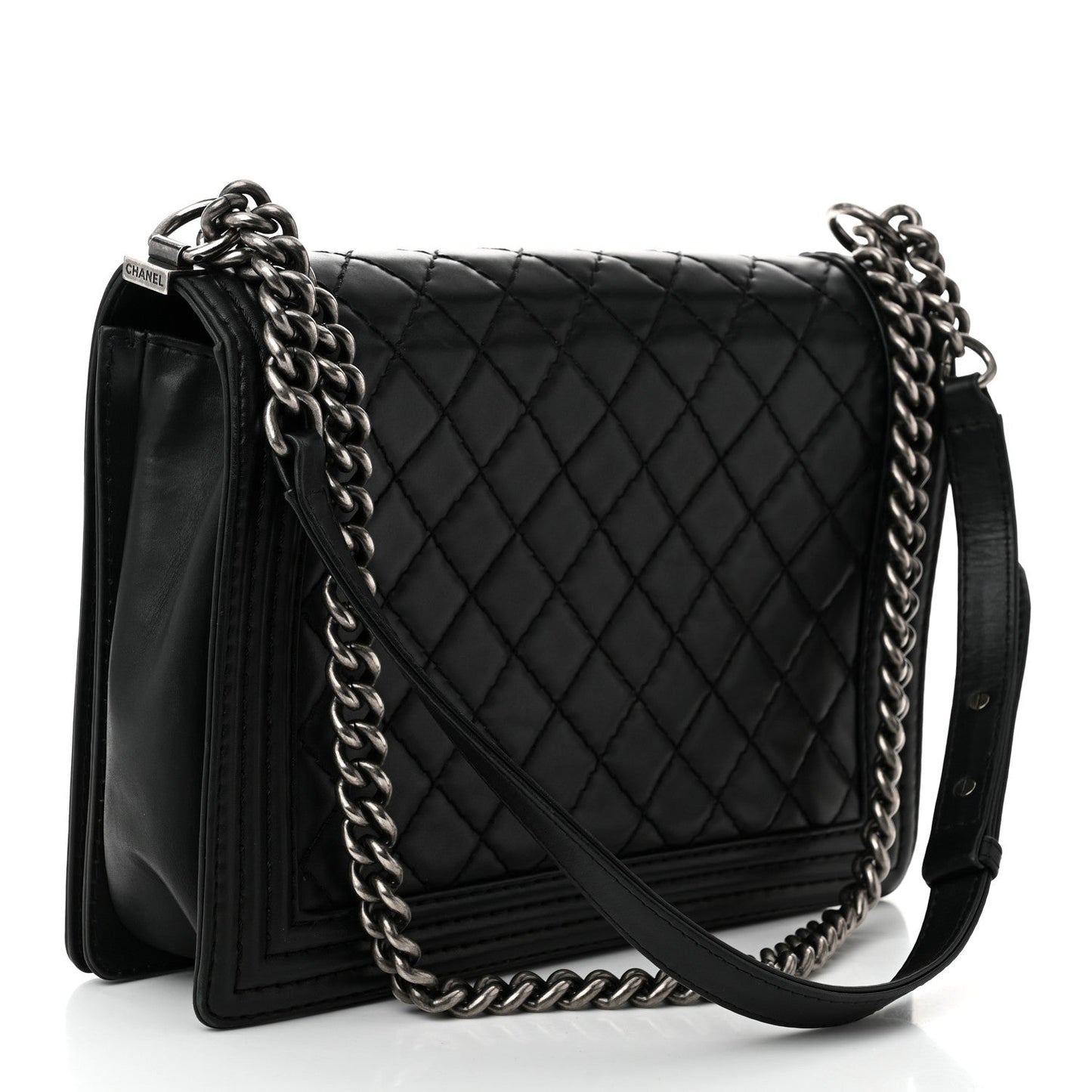 Calfskin Double Stitch Large Boy Flap Black