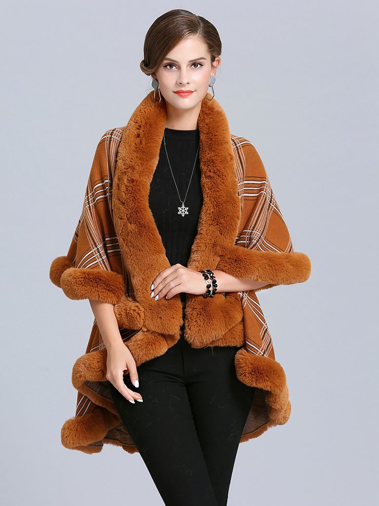 Women Poncho Wrap Faux Fur Collar Double Layer