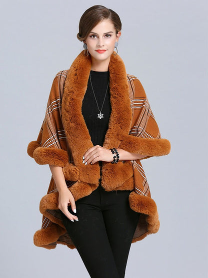 Women Poncho Wrap Faux Fur Collar Double Layer