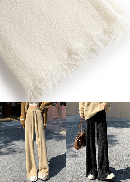 Women Black Raw Edge High Waist Mink Hair Knitted Pants