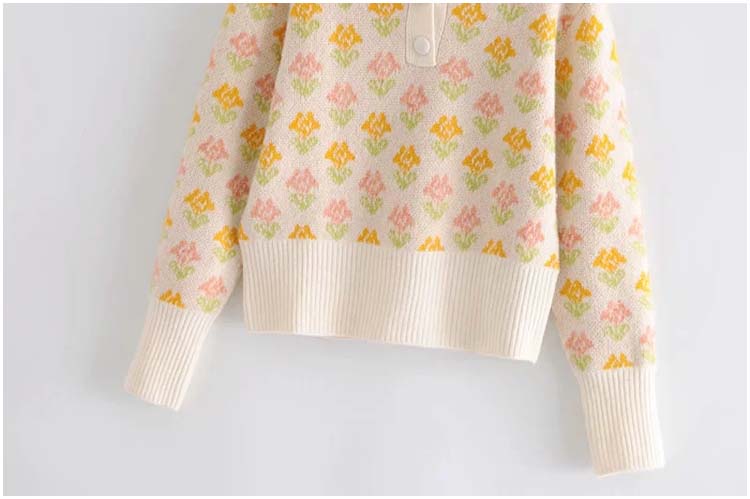 Retro autumn girl sweet temperament two-color flower short sweater sweater  7163