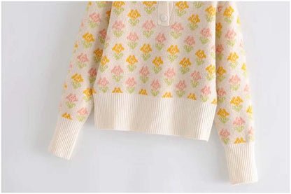 Retro autumn girl sweet temperament two-color flower short sweater sweater  7163