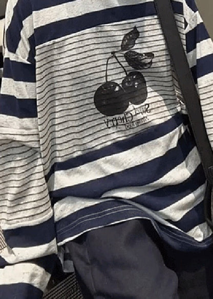 Casual Striped Print Patchwork Cotton T Shirt Tops Fall