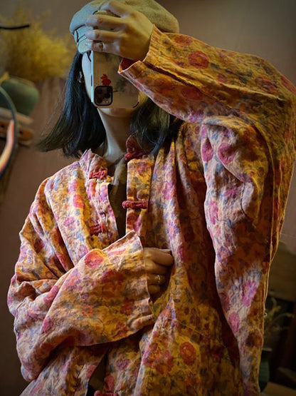 Women Print Vintage Linen Loose Coat