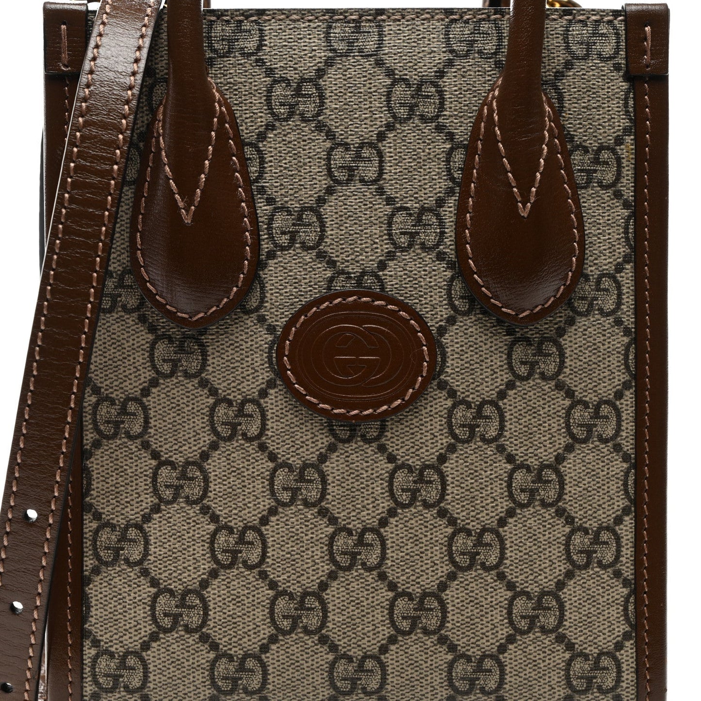 GG Supreme Monogram Azalea Calfskin Mini Retro Interlocking G Tote Bag Beige Ebony Brown Sugar