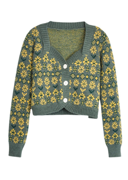Chic Purple V Neck Button Print Knit Short Cardigans Spring