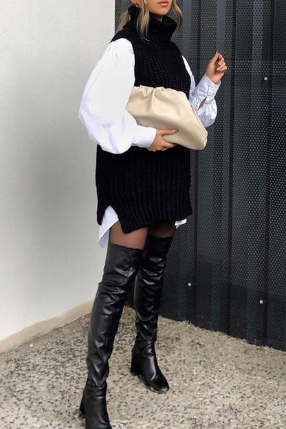 Turndown Collar Sleeveless Casual Sweater