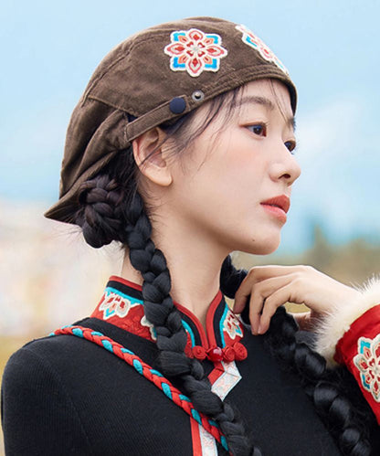 Ethnic Retro Coffee Flower Embroidered Corduroy Beret Hat