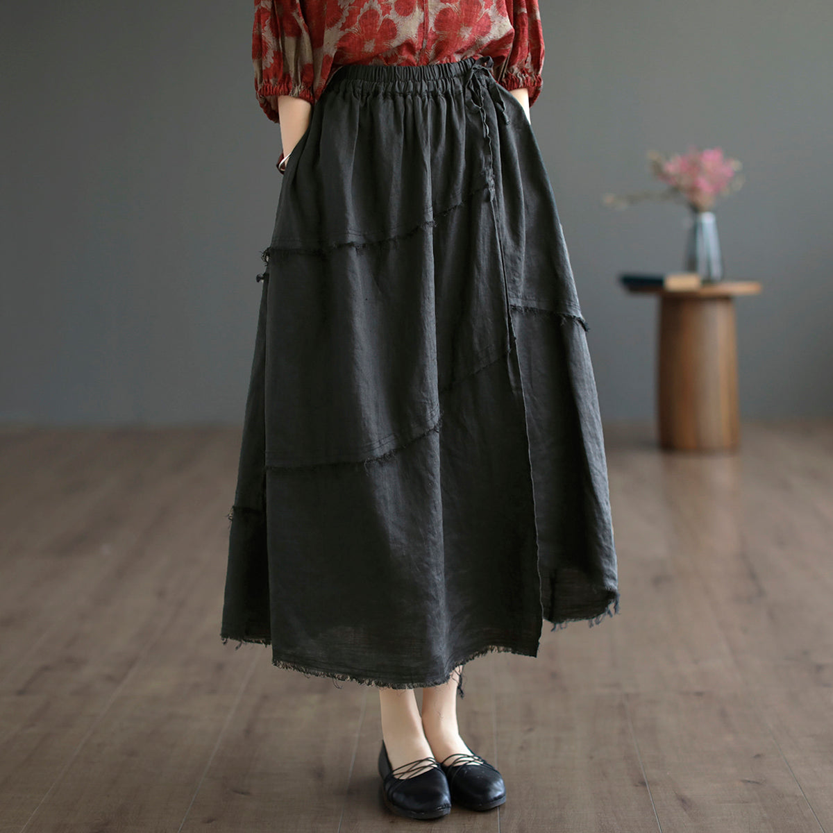 Cozy Autumn Casual Trim Linen A-Line Skirt
