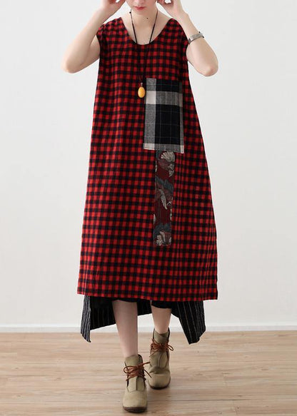 DIY plaid patchwork linen cotton Wardrobes Vintage Work Outfits sleeveless A Line summer Dress