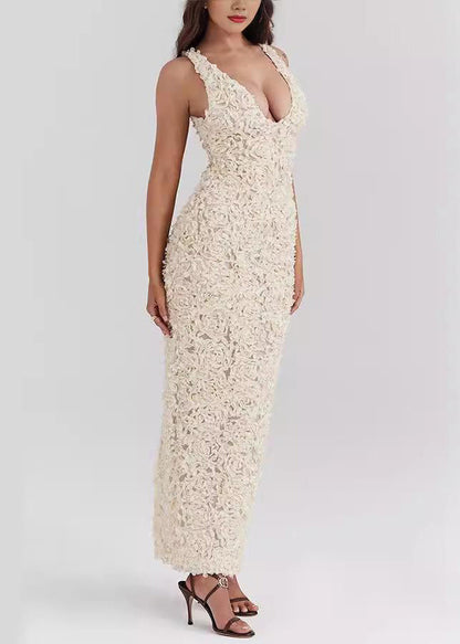 Bohemian White V Neck Side Open Ankle Dress Sleeveless