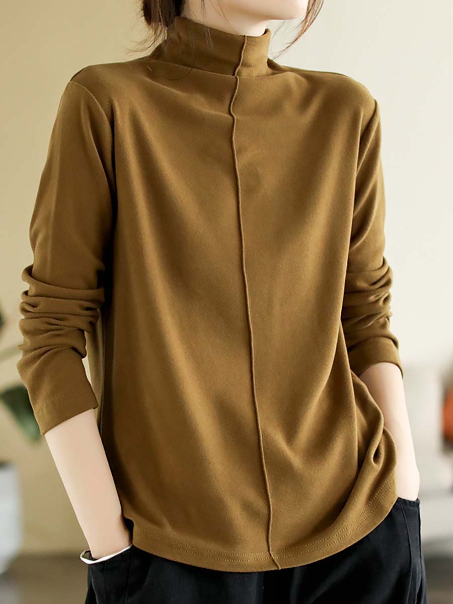Women Autumn Artsy Solid Warm Turtleneck T-shirt
