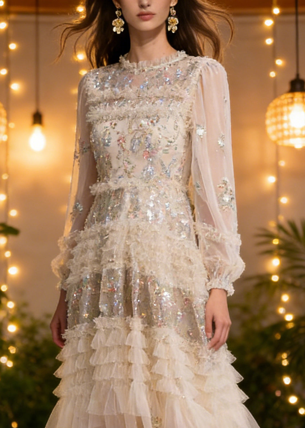 Elegant Apricot Embroidered Ruffled Patchwork Tulle Long Dresses Spring