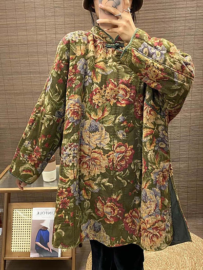 Winter Ethnic Button Floral Print Splict Hem Coat