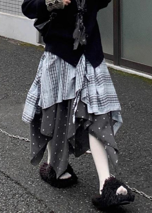 Art Plaid Asymmetrical Elastic Waist Patchwork Cotton Skirt Spring
