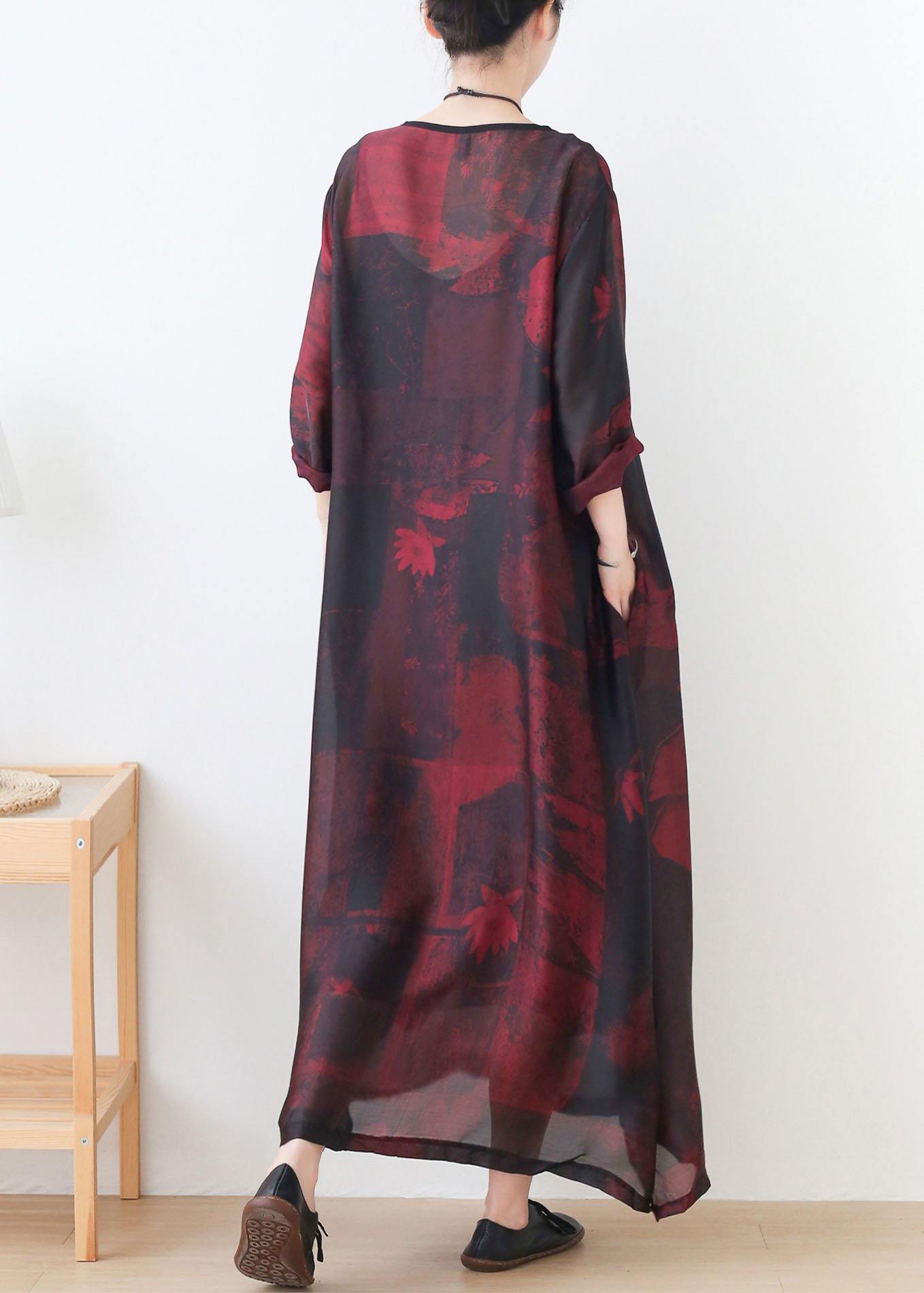 Natural Red Print Chiffon O-Neck Summer Dresses