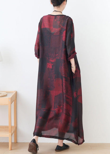 Natural Red Print Chiffon O-Neck Summer Dresses