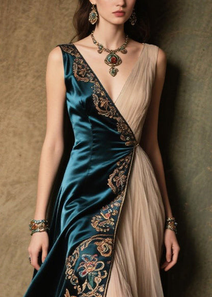 Bohemian Peacock Blue Jacquard Tulle Patchwork Silk Dress Summer