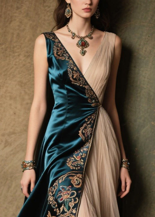 Bohemian Peacock Blue Jacquard Tulle Patchwork Silk Dress Summer