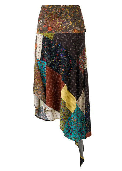 Vintage Asymmetrical Print Lace Up Cotton Skirt Summer