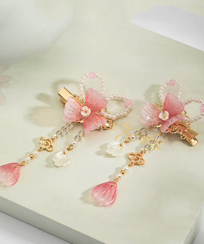 Cute Pink Copper Alloy Pearl Colored Glaze Tassel A Pair Hairpin