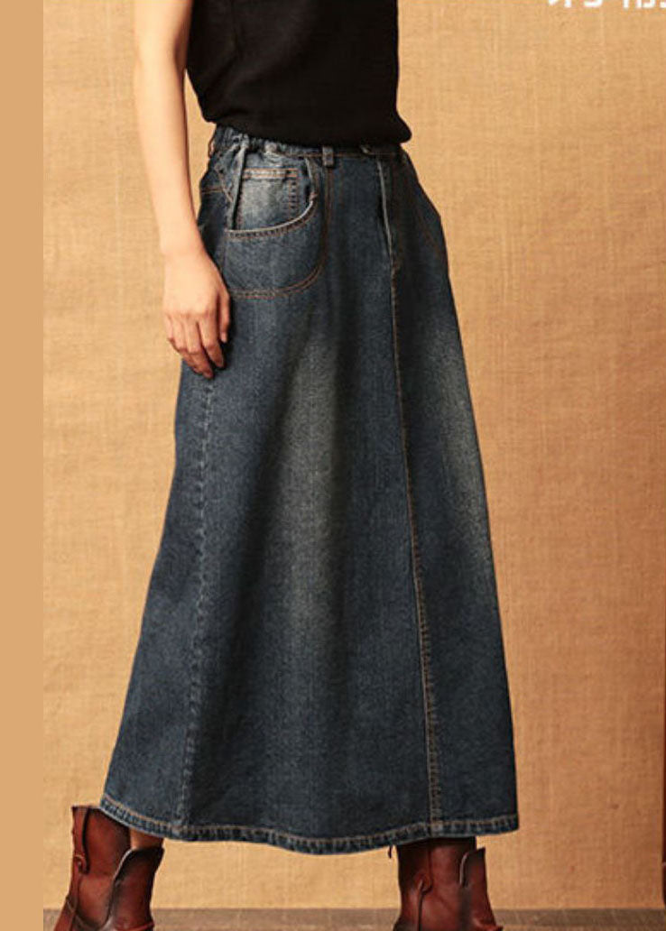 Dark Blue Patchwork Cotton Denim Skirt High Waist Side Open Cozy