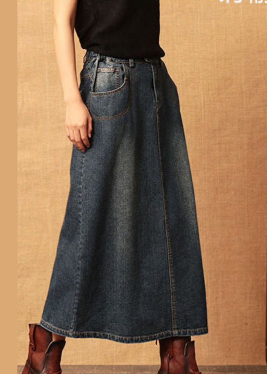 Dark Blue Patchwork Cotton Denim Skirt High Waist Side Open Cozy