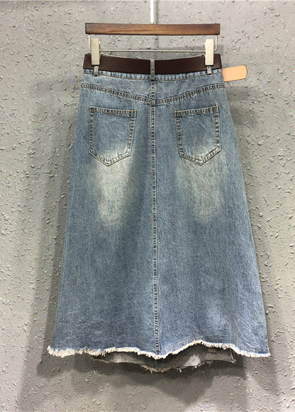 Casual Blue Patchwork Elastic Waist Sashes Denim A Line Skirts
