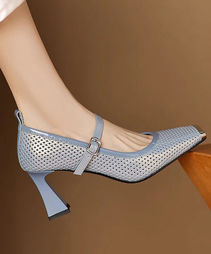 Black Cowhide Leather Elegant Splicing Chunky High Heels