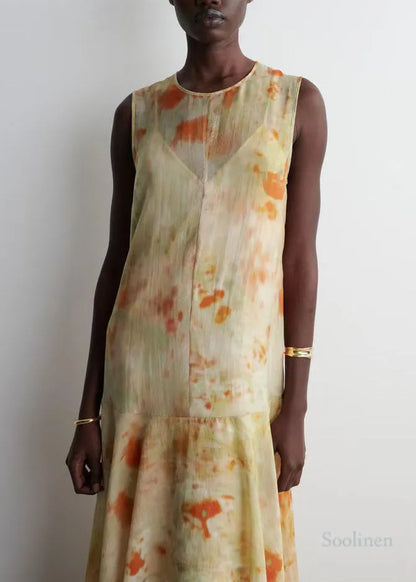 French Beige Tie Dye Chiffon Party Dress Sleeveless